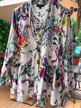 ellos Cream Floral Tie-Front Peplum Tunic with Multicolor Botanical Print